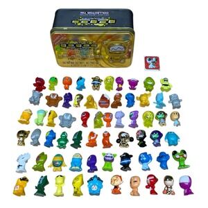Gogos Crazy Bones Collectors Tin Gold Translucent Flocked Lot Of 64 Figures